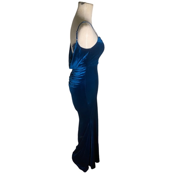 Navy Blue Stretch Velvet Floor Length Dress | Rhinestone Straps & Lace Back - Picture 3 of 5